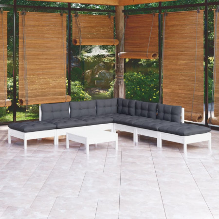 Set mobilier de grădină cu perne, 8 piese, alb, lemn de pin