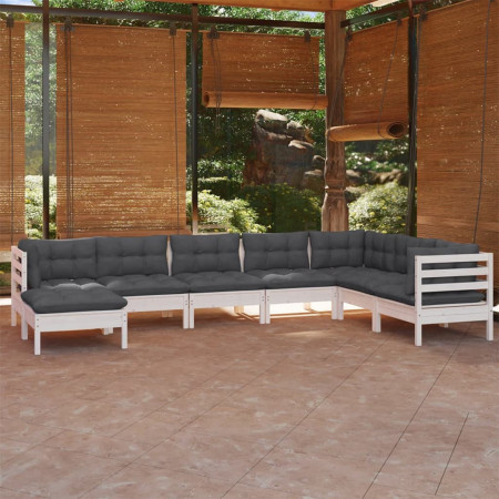 Set mobilier de grădină cu perne, 8 piese, alb, lemn masiv pin