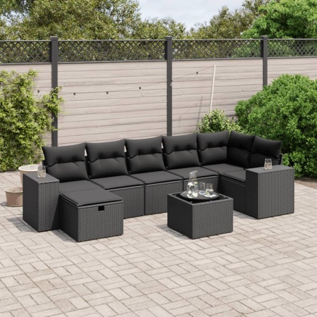 Set mobilier de grădină cu perne, 8 piese, negru, poliratan