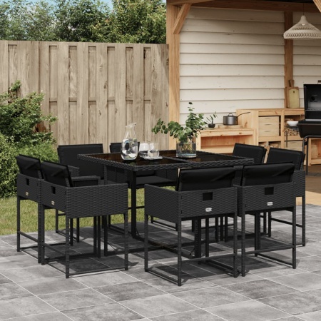 Set mobilier de grădină cu perne, 9 piese, negru, poliratan