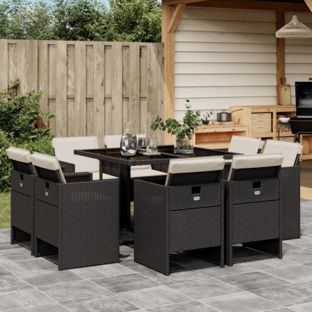 Set mobilier de grădină cu perne, 9 piese, negru, poliratan