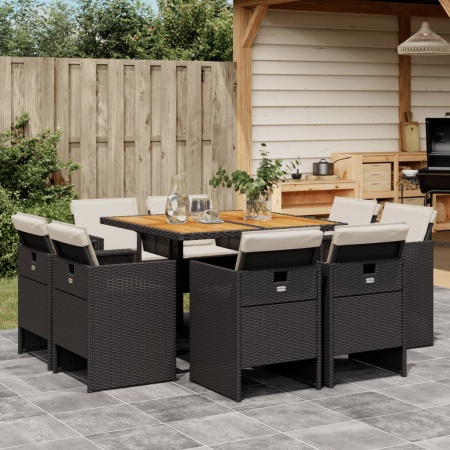 Set mobilier de grădină cu perne, 9 piese, negru, poliratan