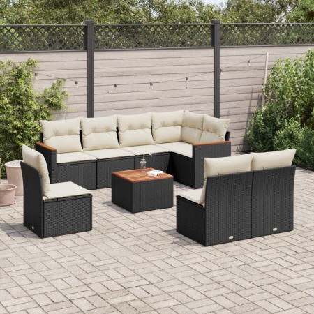 Set mobilier de grădină cu perne, 9 piese, negru, poliratan