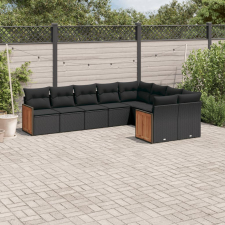 Set mobilier de grădină cu perne, 9 piese, negru, poliratan