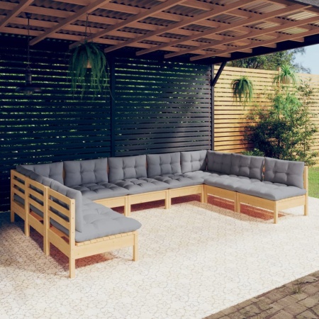 Set mobilier de grădină cu perne gri, 9 piese, lemn masiv pin