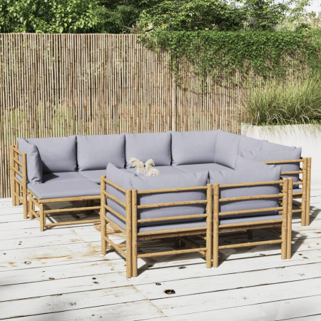 Set mobilier de grădină cu perne gri deschis, 10 piese, bambus