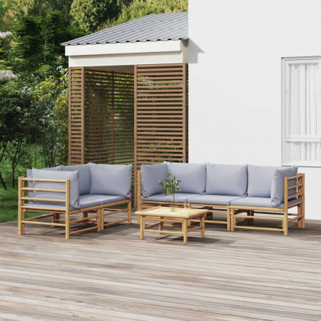 Set mobilier de grădină cu perne gri deschis, 6 piese, bambus