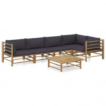 Set mobilier de grădină cu perne gri închis, 6 piese, bambus