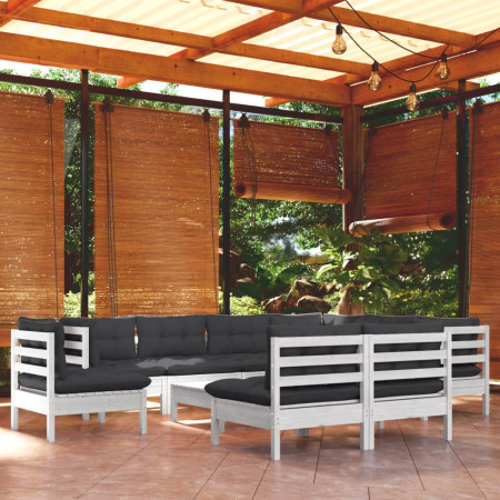 Set mobilier grădină cu perne, 10 piese, alb, lemn masiv pin