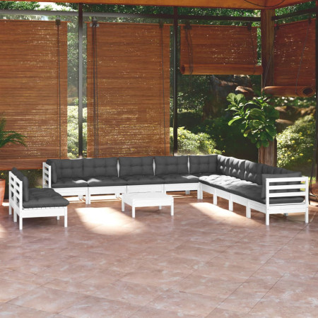 Set mobilier grădină cu perne, 12 piese, alb, lemn masiv pin