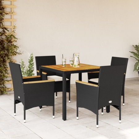 Set mobilier grădină perne 5 piese negru poliratan/lemn acacia