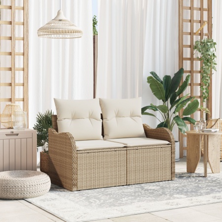 Sofa de grădină cu 2 locuri cu depozitare și perne Bej din ratan sintetic