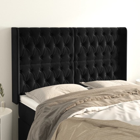 Tăblie de pat cu aripioare, negru, 147x16x118/128 cm, catifea