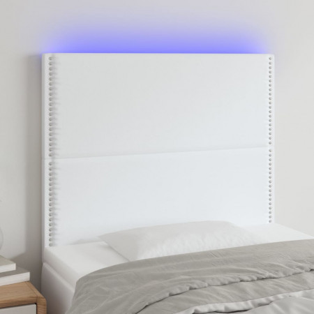 Tăblie de pat cu LED, alb, 100x5x118/128 cm, piele ecologică