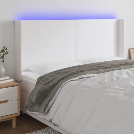 Tăblie de pat cu LED, alb, 183x16x118/128 cm, piele ecologică