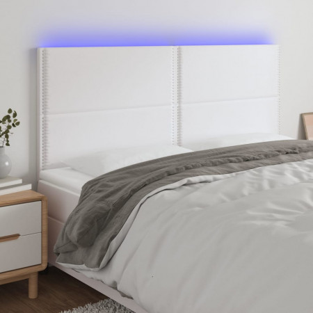 Tăblie de pat cu LED, alb, 200x5x118/128 cm, piele ecologică