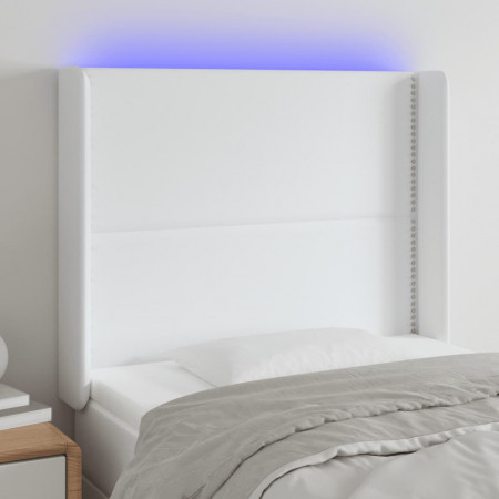 Tăblie de pat cu LED, alb, 93x16x118/128 cm, piele ecologică