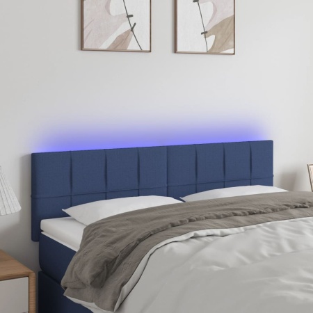 Tăblie de pat cu LED, albastru, 144x5x78/88 cm, textil