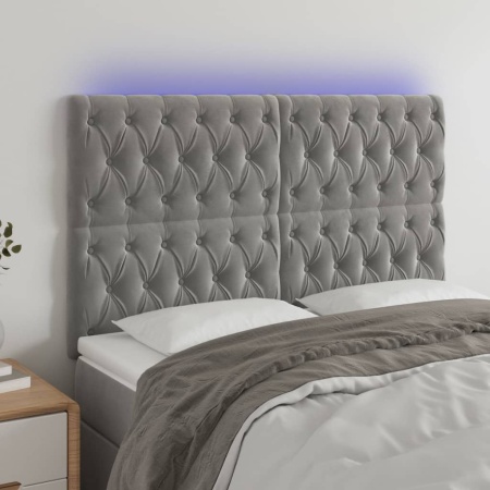 Tăblie de pat cu LED, gri deschis, 144x7x118/128 cm, catifea