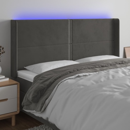 Tăblie de pat cu LED, gri închis, 183x16x118/128 cm, catifea