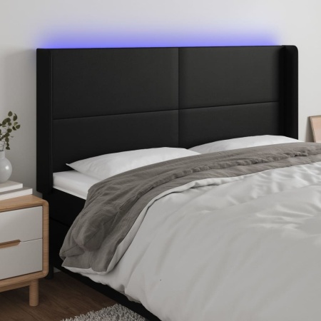 Tăblie de pat cu LED, negru, 183x16x118/128 cm, piele ecologică