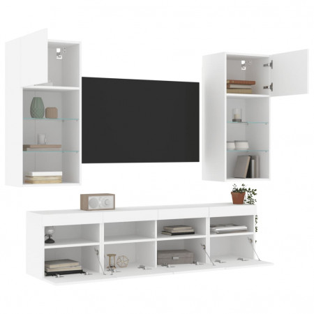 Unități de perete TV cu LED-uri, 5 piese, alb, lemn prelucrat