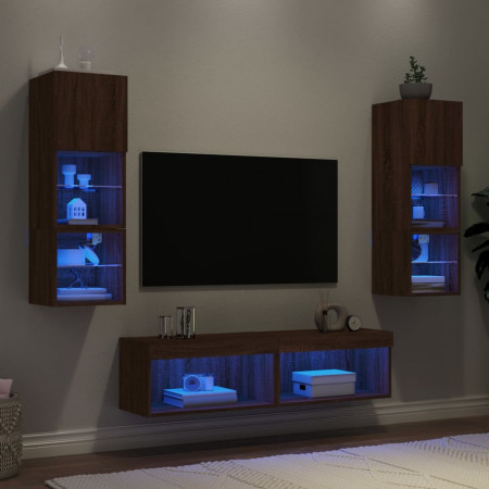 Unități de perete TV cu LED-uri, 6 piese, stejar maro, lemn