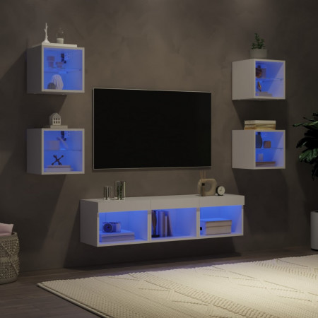 Unități de perete TV cu LED-uri, 7 piese, alb, lemn prelucrat