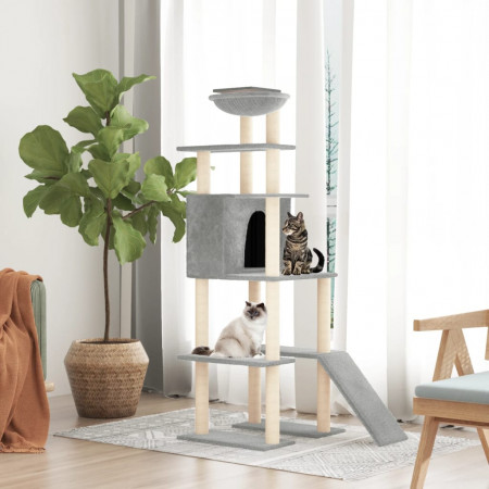 Ansamblu de pisici, stâlpi din funie sisal, gri deschis, 166 cm