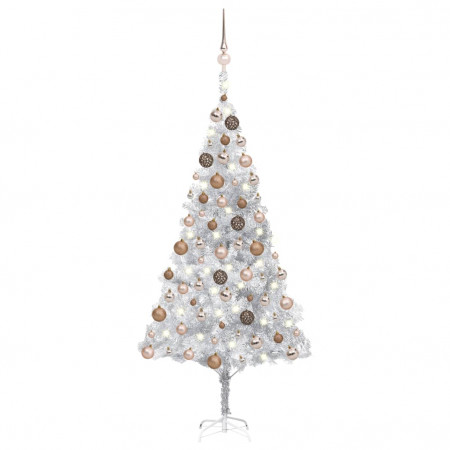 Brad Crăciun pre-iluminat cu set globuri, argintiu, 180 cm, PET