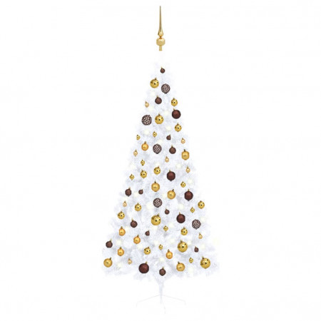 Brad de Crăciun artificial jumătate LED-uri&globuri alb 180 cm
