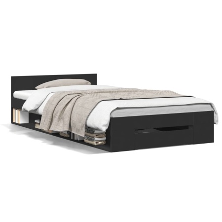 Cadru de pat cu sertar, negru, 75x190 cm, lemn prelucrat