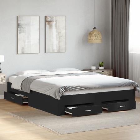 Cadru de pat cu sertare, negru, 160x200 cm, lemn prelucrat