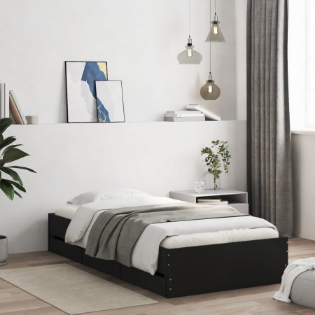 Cadru de pat cu sertare, negru, 90x190 cm, lemn prelucrat