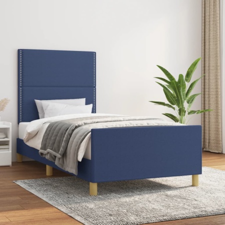 Cadru de pat cu tăblie, albastru, 90x200 cm, textil