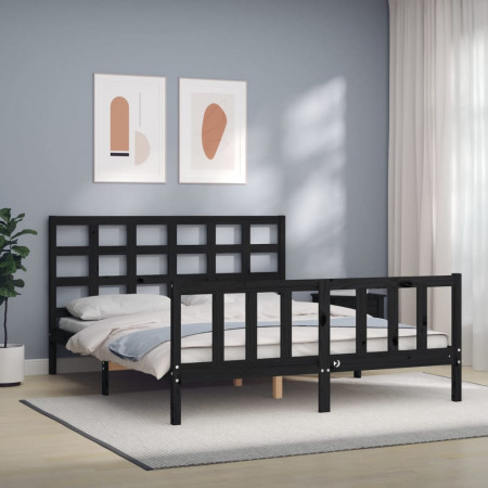 Cadru de pat cu tăblie, negru, 160x200 cm, lemn masiv
