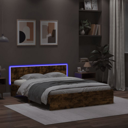 Cadru de pat cu tăblie și LED, stejar fumuriu, 160x200 cm