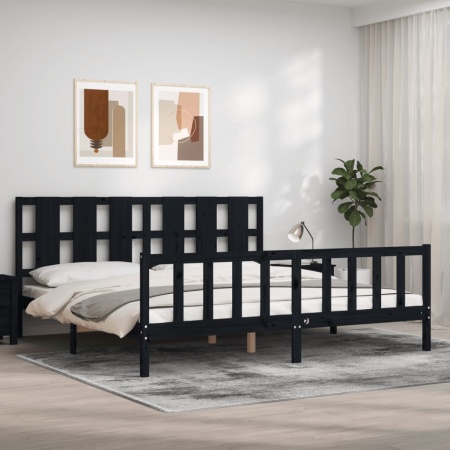 Cadru pat cu tăblie 200x200 cm, negru, lemn masiv