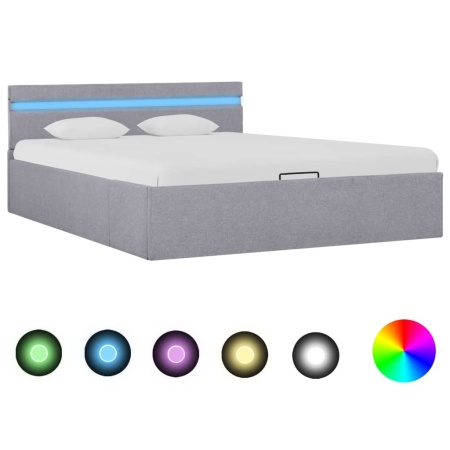 Cadru pat hidraulic ladă LED gri deschis 140x200 cm textil