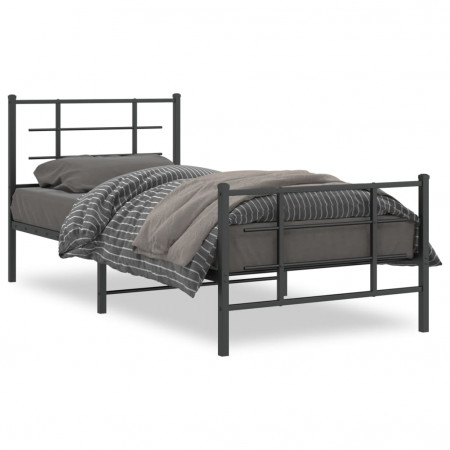 Cadru pat metalic cu tăblii de cap/picioare, negru, 90x190 cm