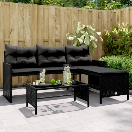 Canapea de grădină cu masă/perne, formă de L, poliratan negru