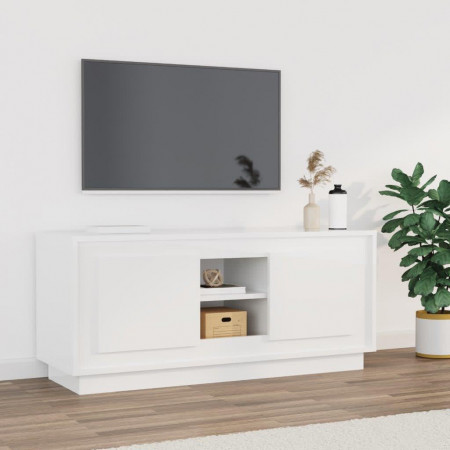 Comodă TV, alb extralucios, 102x35x45 cm, lemn prelucrat