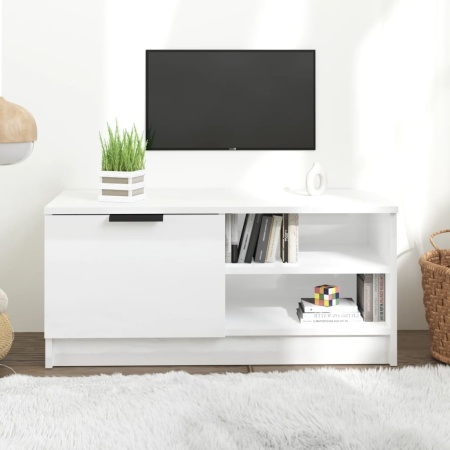 Comodă TV, alb extralucios, 80x35x36,5 cm, lemn prelucrat