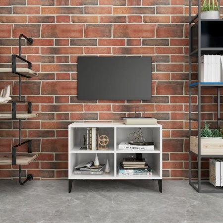 Comodă TV cu picioare metalice, alb extralucios, 69,5x30x50 cm
