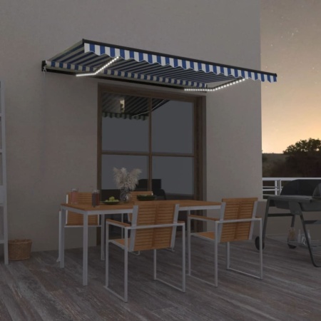 Copertină retractabilă manual cu LED, albastru/alb, 400x350 cm