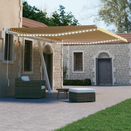 Copertină retractabilă manual cu LED, galben și alb, 450x300 cm