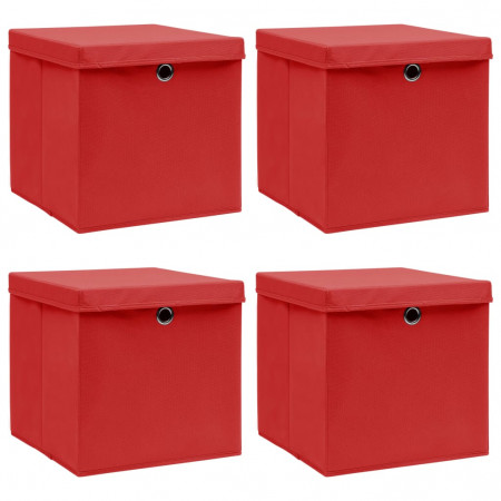 Cutii depozitare cu capace 4 buc. roșu, 32x32x32 cm, textil