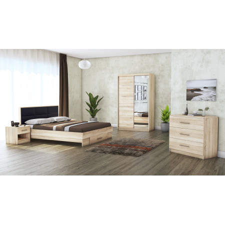 Dormitor Solano, sonoma, dulap 120 cm, pat cu tablie tapitata negru 140×200 cm, 2 noptiere, comoda - Img 1