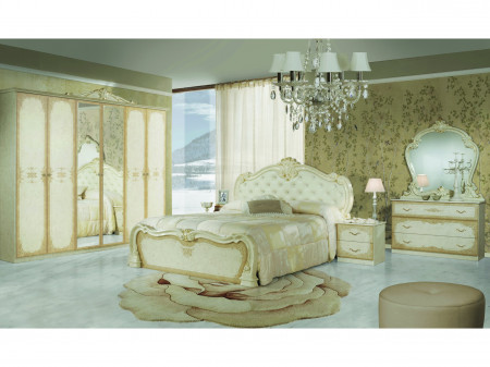 Dormitor Tolouse, bej, pat 160x200 cm, dulap cu 6 usi culisante, 2 noptiere, comoda