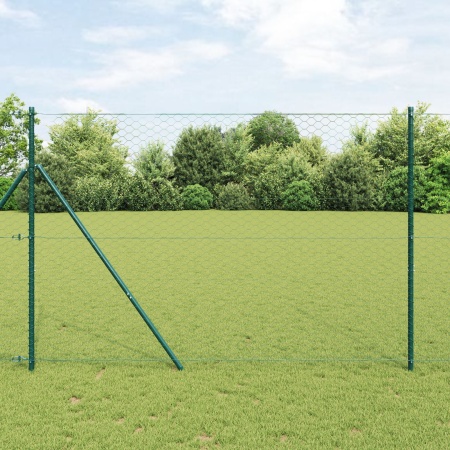 Împrejmuire hexagonală verde 1,6x10 m oțel, Stâlpi de împrejmuire 7 pcs verde Ø32 mm 210 cm oțel galvanizat